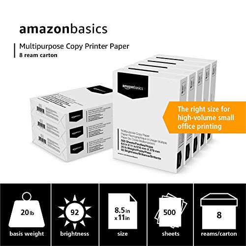 Amazon Basics Multipurpose Copy Printer Paper - White, 8.5 x 11 Inches, 8 Ream Case (4,000 Sheets)